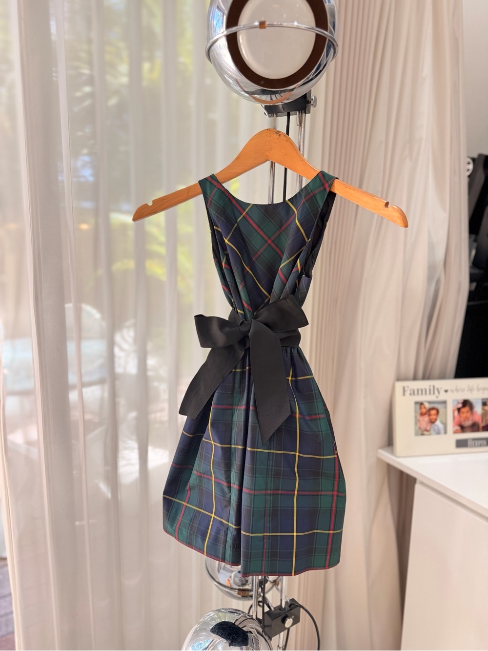 Polo by Ralph Lauren Green Plaid Fit-and-Flare Dress with Black Bow